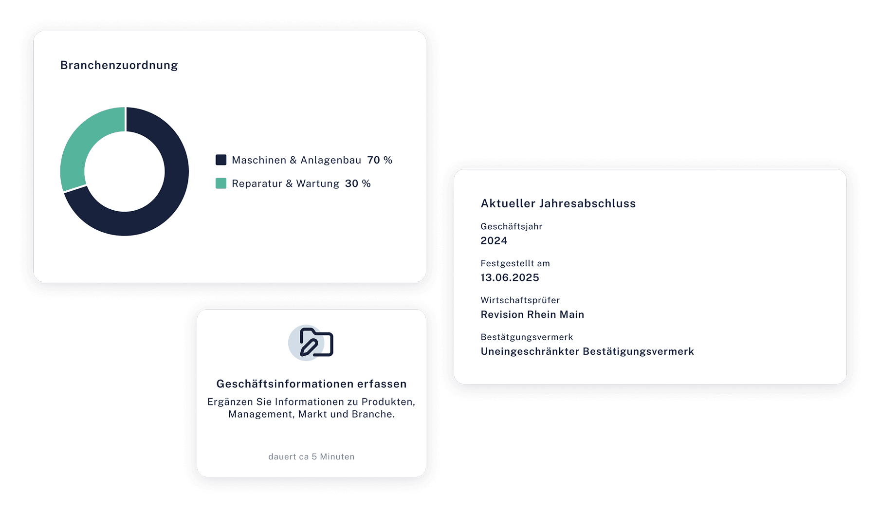Strukturierte Datenansicht: Branchenzuordnung, Jahresabschluss und Geschäftsinformationen